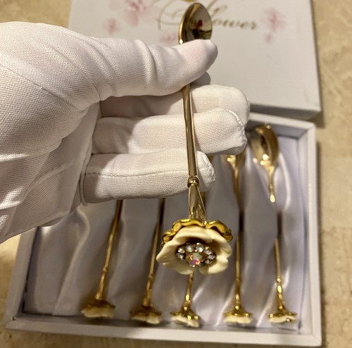 Set 6 Pcs Coffee Tea Dessert Spoons Flower Handle 24K Gold Finish Made In France - Picture 6 of 14
