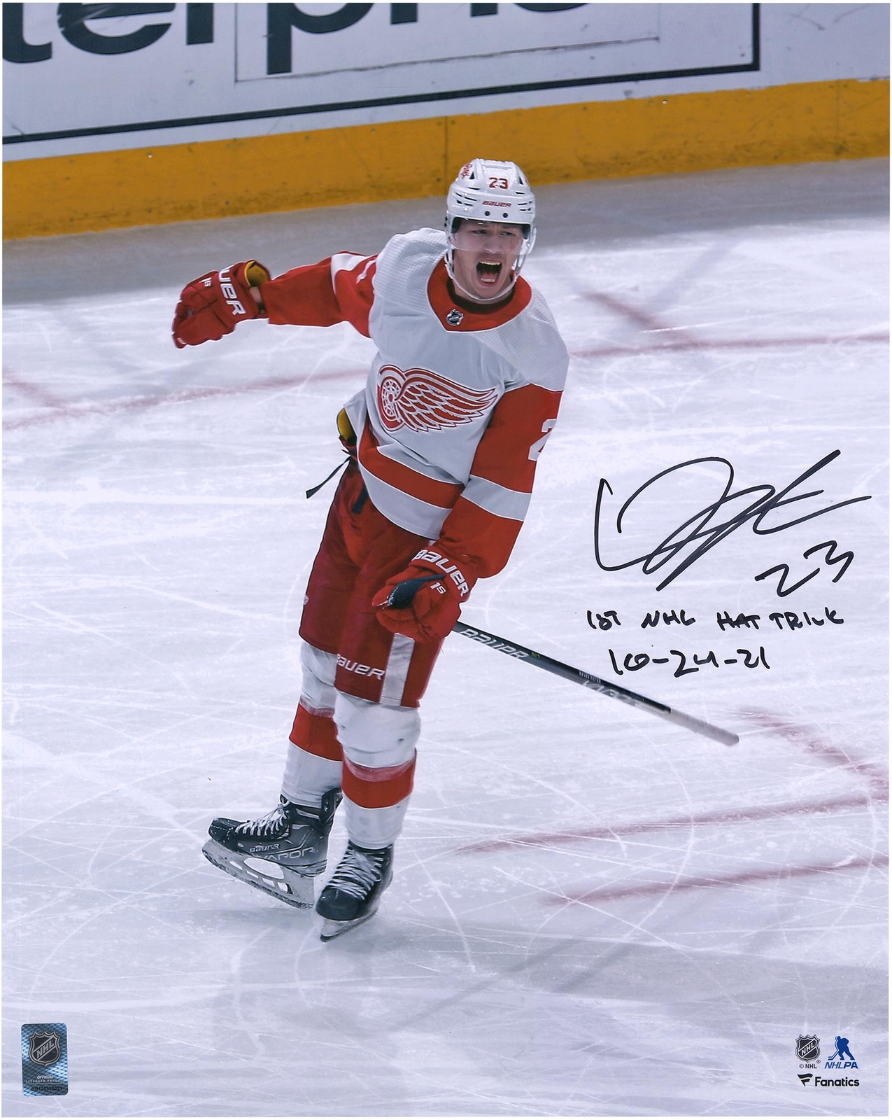 Lucas Raymond Red Wings Signed 16x20 1st Hat Trick Celebration Photo w