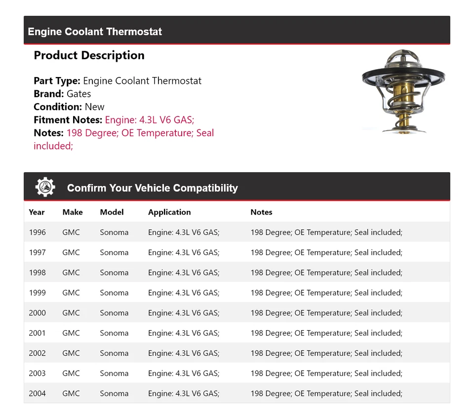 Para GMC Sonoma 1996-2004 4,3 L V6 motor gas refrigerante termostato puertas 1997 1998 Foto 2 de 4