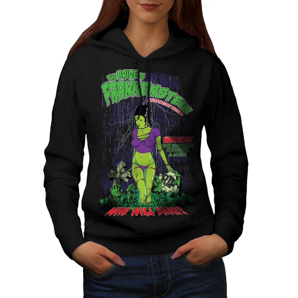 Wellcoda Frankenstein Bride Womens Hoodie, Monster Casual Hooded Sweatshirt