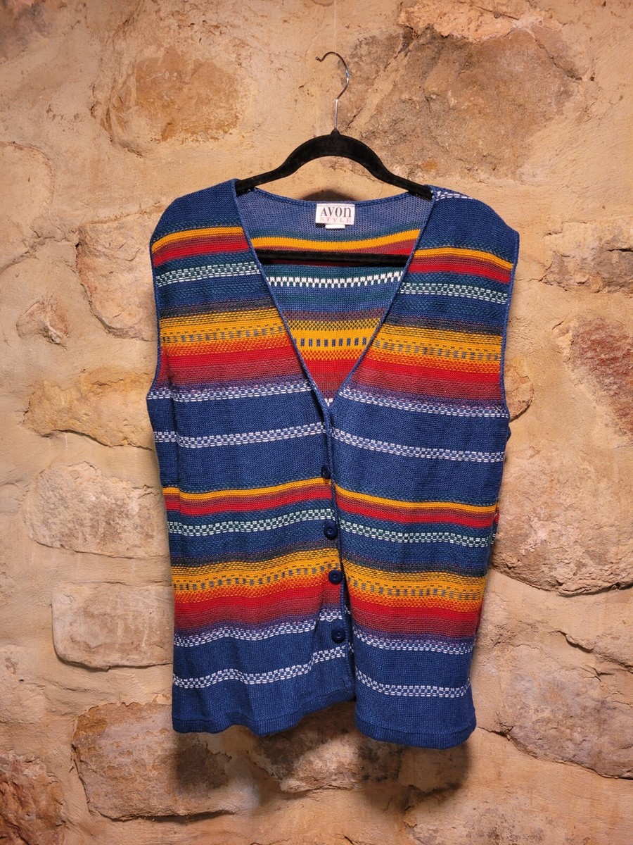 Vintage Avon Style Striped Knit Blue Yellow Button-Up Vest Southwestern