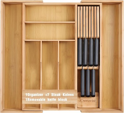 9-Piece Bamboo Kitchen Drawer Organizer Set, Expandable Silverware &Utensil O...