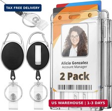 Rigid ID Badge Holder w/Retractable Reel Clip Clear, 2 Pack , Horizontal or Ver