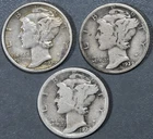 1929-PDS 10C MERCURY SILVER DIME 3 Coins KM# 140 Grade:  VG+ A6638