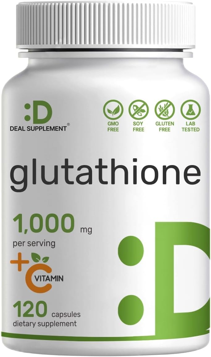 glutathione 1000mg price Deal Supplement Glutathione Supplement 1000mg Per Serving, 98% Purity | Plus Vitamin C 500mg, Active Reduced Form (GSH) | 60 Capsules