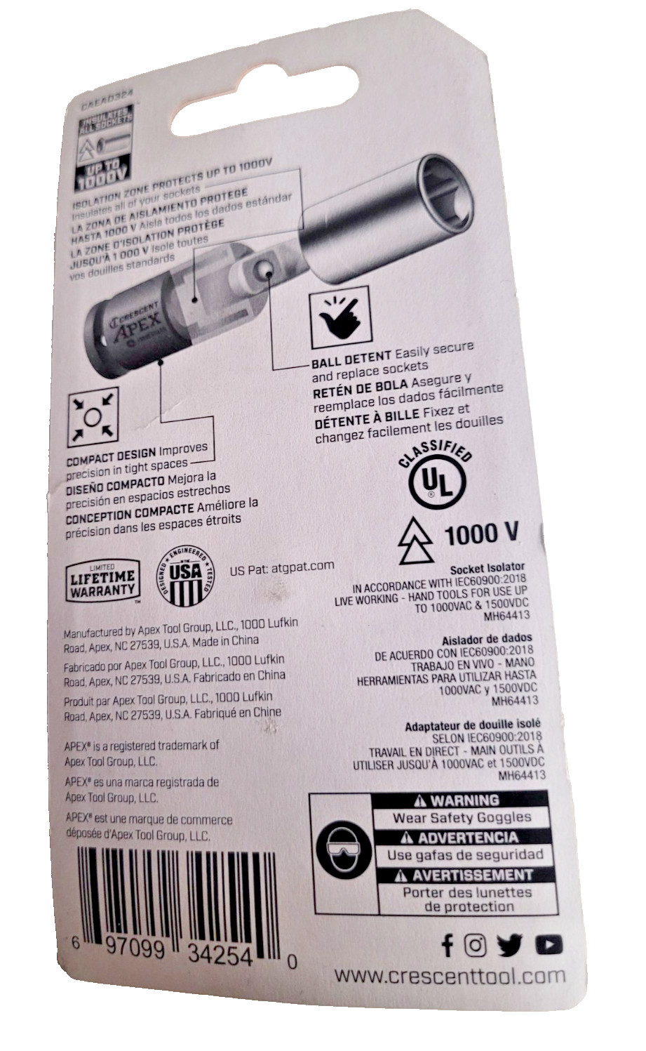 APEX Crescent CAEAD324 eSHOK‑GUARD 3/8" Socket Isolator Adaptor Impact Rated