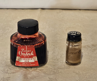 Vintage Ink Bottles With Ink Parker Quink Permanent Red/Carter's Gold Ink