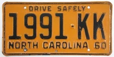 Vintage North Carolina 1960 Drive Safely License Plate 1991-KK in Good Condition