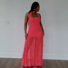 Women’s Pleated Double-layer Halter Long Maxi Dress