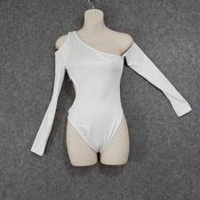 SHEIN Bodysuit Womens XS White One Shoulder Cutout Long Sleeve Stretchy Bodycon