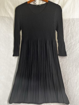 Eileen Fisher Dress Black Ribbed 100 Wool  Knit Women Small Italian Yarn Minimal