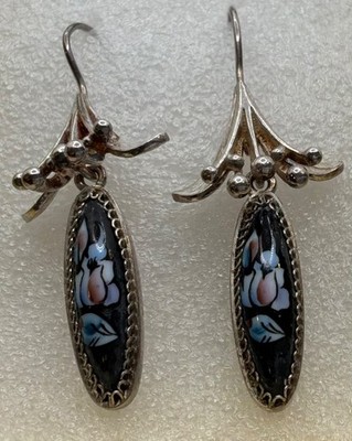 Vintage 925 Sterling Silver Hand Painted Enamel Floral Dangle Earrings Finift