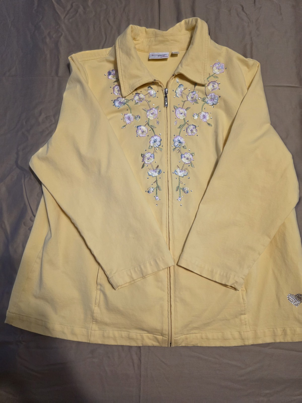 Dream Jeannes Quacker Factory Jacket Yllw Floral Pansy Embroidered Zip Up XL