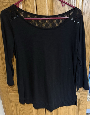 #ad Express Women#x27;s Black Lace Yoke Top M Scoop Neck Pullover Solid 3 4 Sleeve $15.00