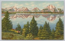 1934 Grand Teton National Park Jackson Lake Teton Peaks Reflection Postcard