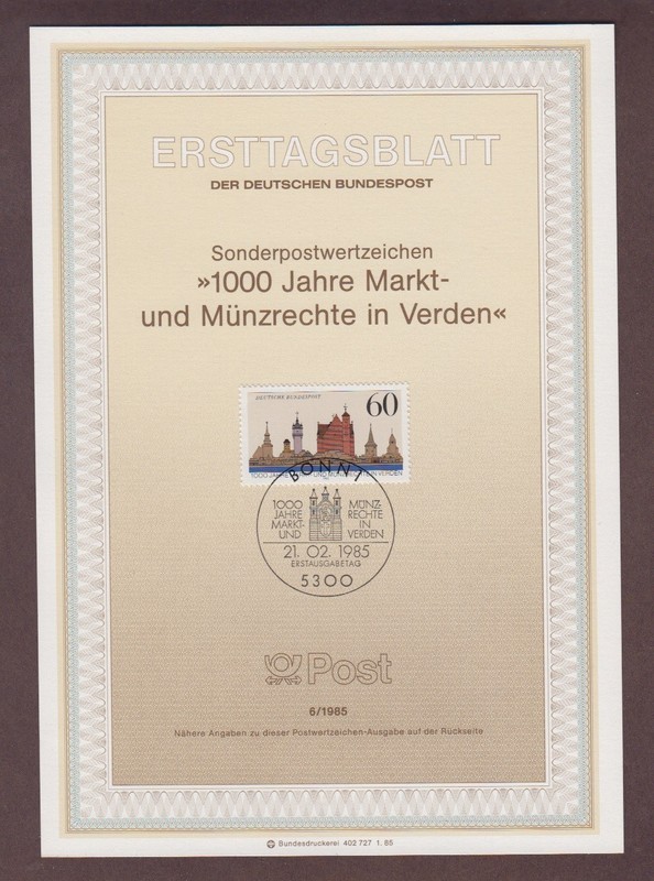 Ersttagsblatt 6/1985. 1000 years of market and coinage rights in Verden