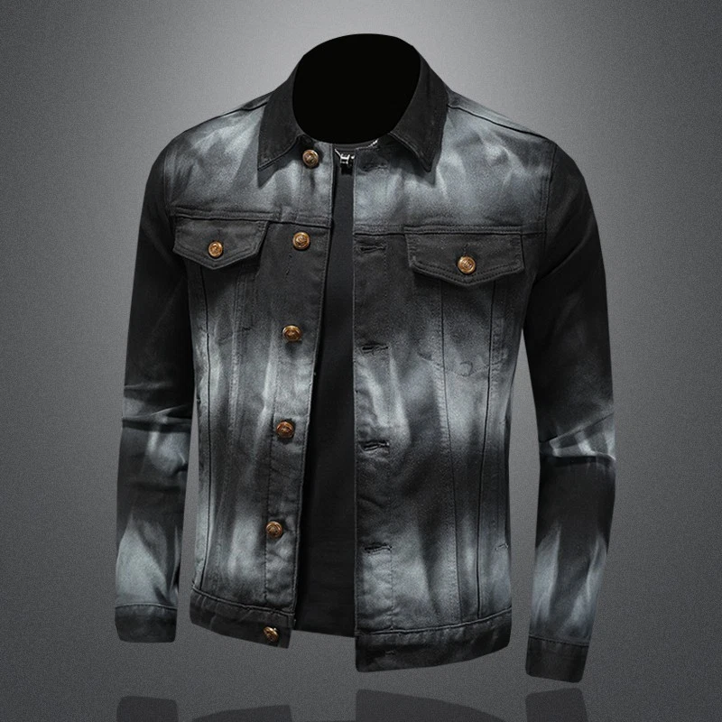 Luxury Men Slim Fit Black Gradient Washed Denim Jacket Casual Trendy Style Coat