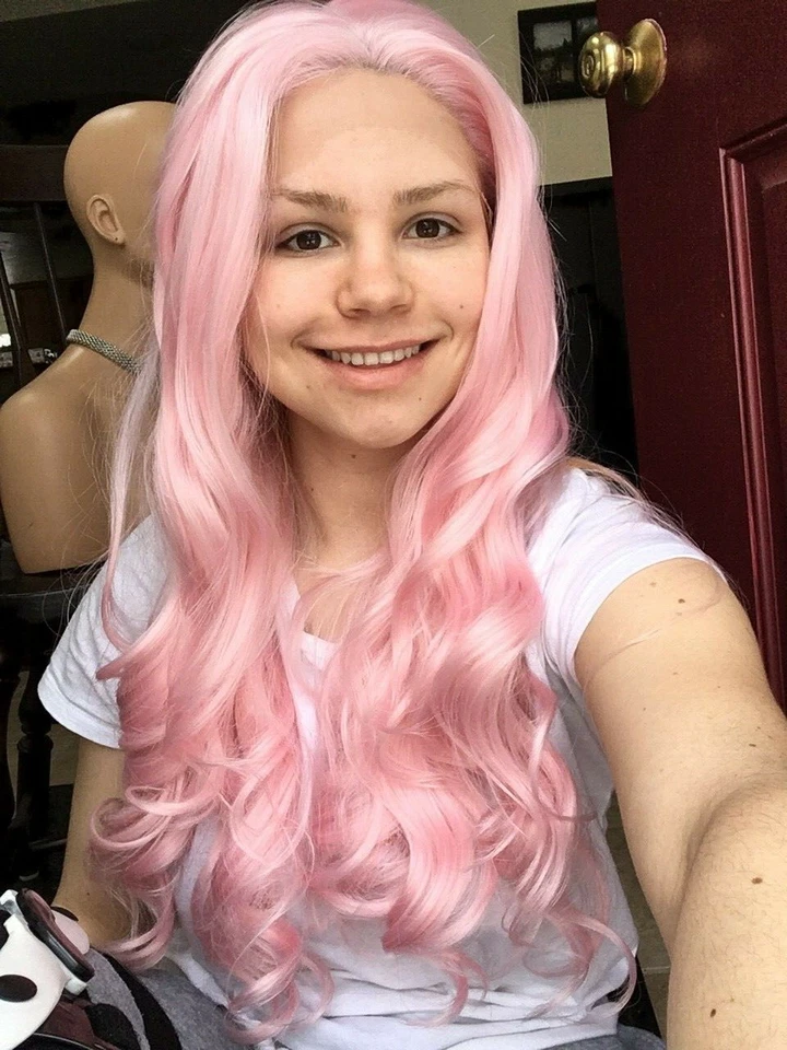 EE. UU. | Pelucas delanteras de encaje rosa pastel para mujer blanca | Juegos con disfraces largos rizados, quimioterapia Foto 3 de 4