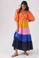Anthropologie Farm Rio Colorblock Maxi Dress Balloon Sleeve Tiered Size XS NEW