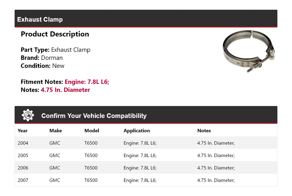 Abrazadera de escape Dorman 2005 2006 para GMC T6500 2004-2007 7,8 L L L6 Foto 2 de 4