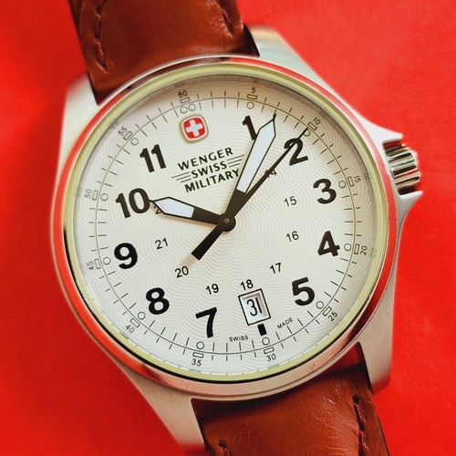 Wenger Swiss Military Watch Amazing Textured White Dial 79201 Brown Leather Mens