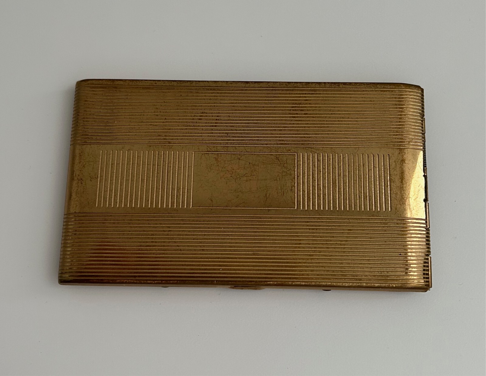 Vintage Karnee Metal Brass Compact Art Deco Cigarette Case Etched Design