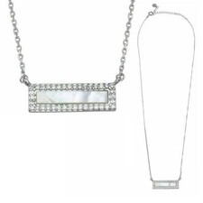 Sterling Silver Necklace w/ Mother of Pearl & CZ Stones Halo Bar Pendant