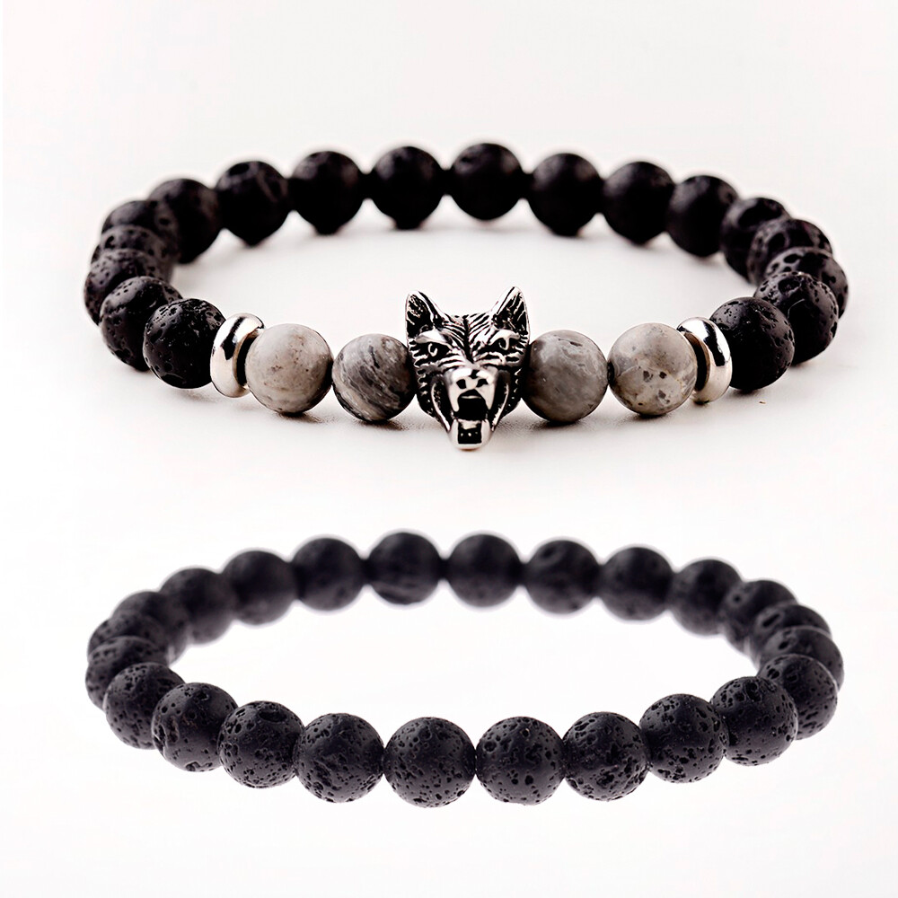 2Pcs Punk Men's 8mm Lava Rock Diffused Stone Wolf Head Charm