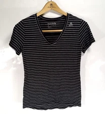 Reebok Short Sleeve V Neck Activewear Shirt Gray Black Striped Womens Small