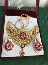 Indian  GoldJewelry Ethnic Wedding Necklace Bridal Traditional Set With Tikka Pk