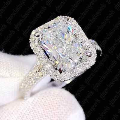 3,46 TCW Radiant Cut Moissanite Halo Split Verlobungsring 14k Weißgold plattiert