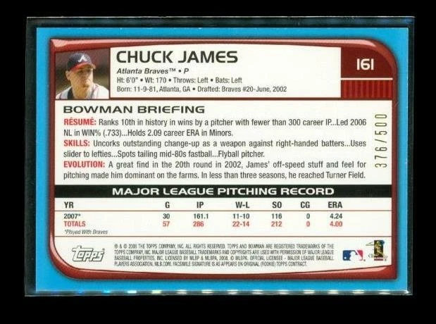 2008 TOPPS BOWMAN Blue Baseball Trading Card #161 CHUCK JAMES Braves LE 376/500 - Image 2 of 2