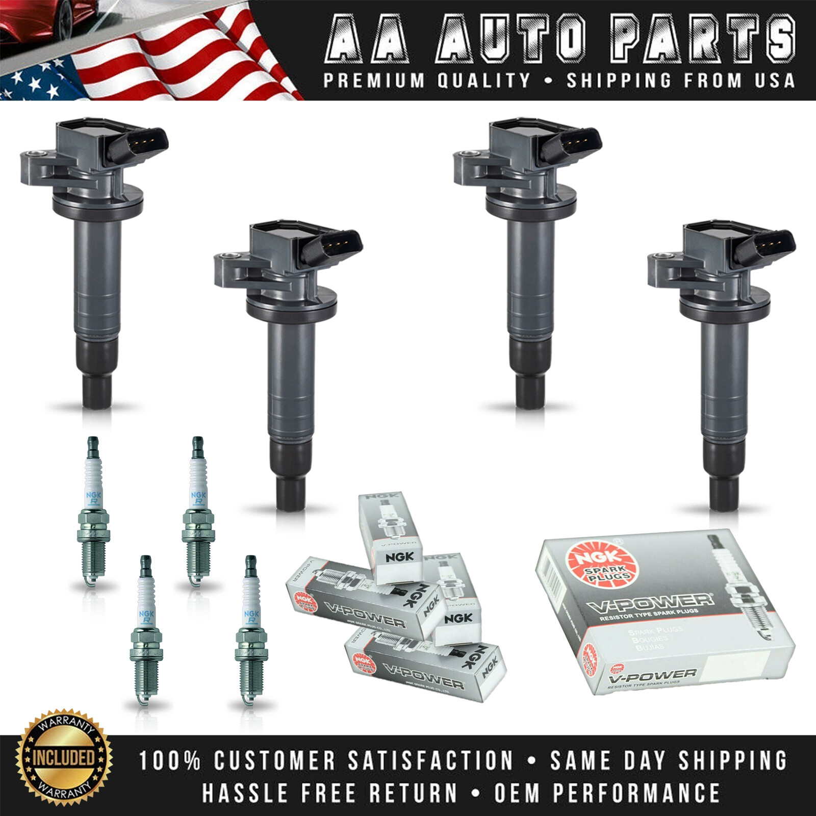 4 Ignition Coil  4 NGK Spark Plug for Toyota Corolla 2000-2004 1.8L l4 UF247