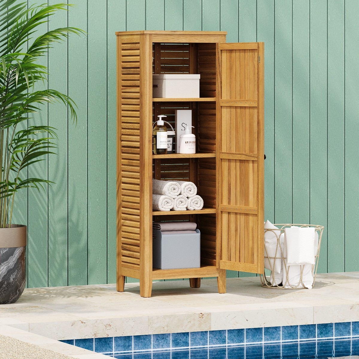 62 in Acacia Wood Outdoor Patio Storage Cabinet, Shelves