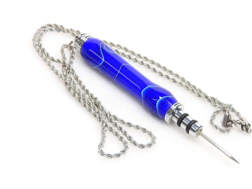 Handmade Seam Ripper Necklace w/ Stiletto, Sapphire Blue w/ White Lines Acrylic - Picture 2 of 7