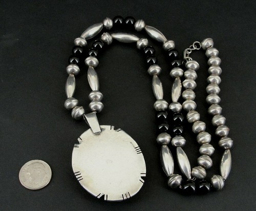Necklace Sterling Vintage Apache Tear Silver Bench and Black Onyx Beads Pendant - Picture 4 of 6