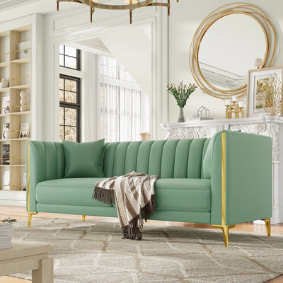 77.6'' 3 Seater Sofa, Modern PU Leather Couch with Golden Legs & Armrests & 2 Pil