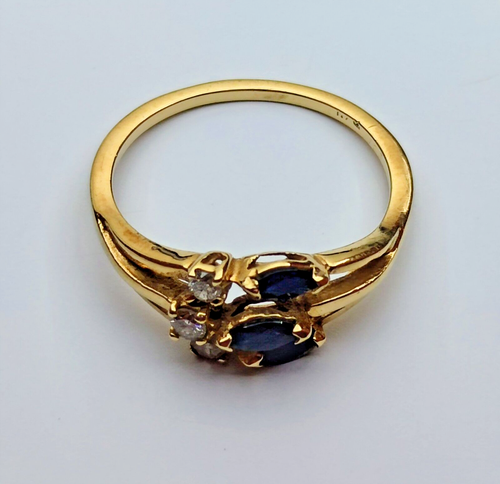 18ct Yellow Gold Sapphire Diamond Ring Blue & Colourless Stones Ring Size N 1/2 - Picture 3 of 10