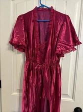 VTG VAL MODE Burgandy Red Satin 2 Pc Lace Trim Chemise Nightgown Robe Petite 4-6
