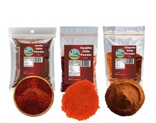 Chile Powder Trio. Ancho Powder, Chipotle Powder, Guajillo Powder 3 pack. 12 oz.