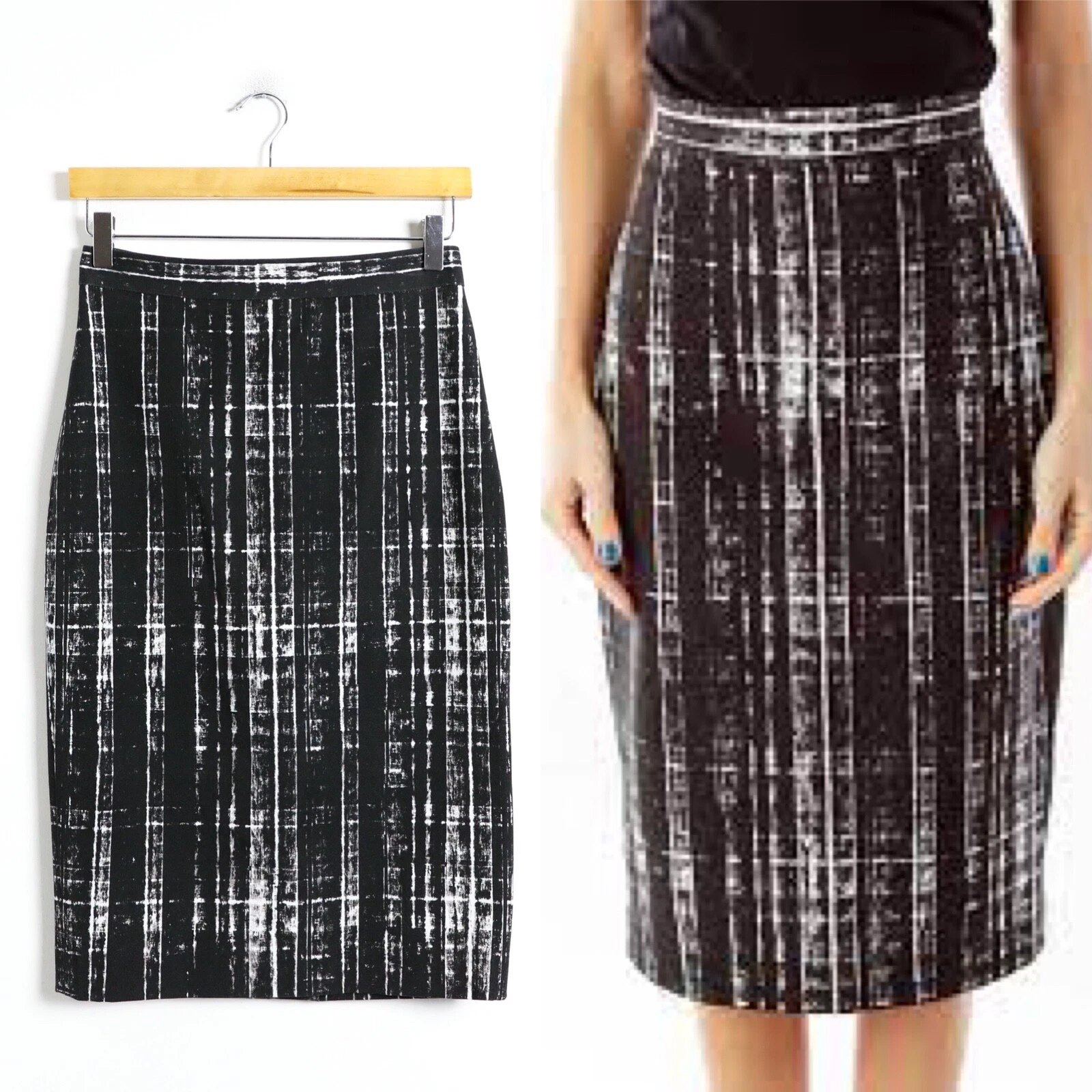 NWOT Banana Republic pencil skirt below knee length black printed stretch 2 XS