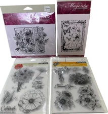 4 NEW packages clear cling STAMPS rubber FLOWERS botanical words plants CRAFT