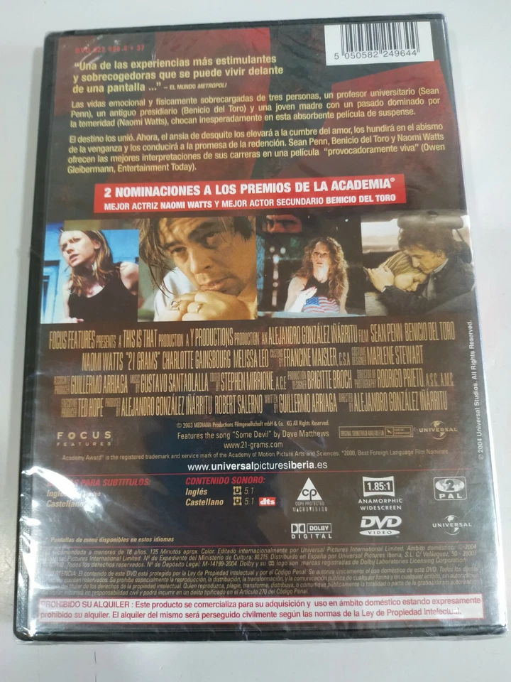21 Grams Sean Penn Benicio del Toro - DVD Region 2 Spanish English New - 2T - Image 2 of 3