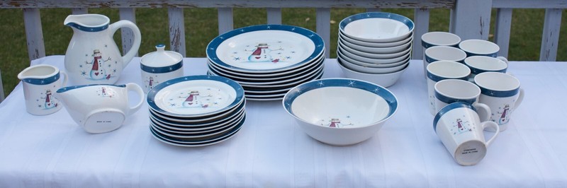 Snowman Dish Set ~ Blue and White Snowflake Edging ~ 37 Pieces