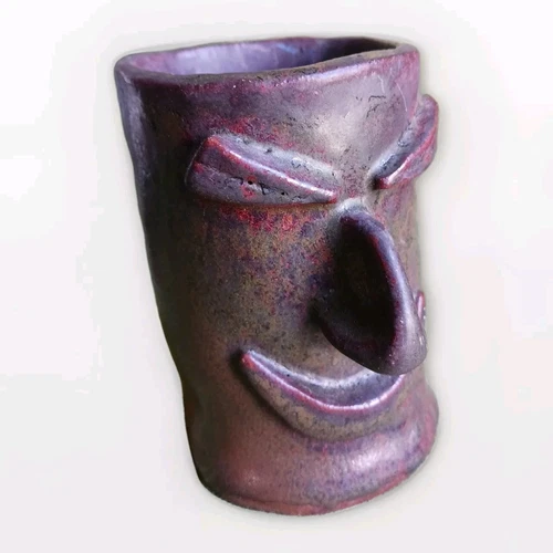 Naive Vintage Art Pottery Face Mug Handmade Stoneware Sinister Pointy Signed KD