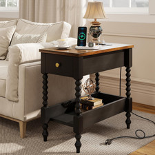Farmhouse End Table with Charging Station - Narrow Nightstand for Small Spaces