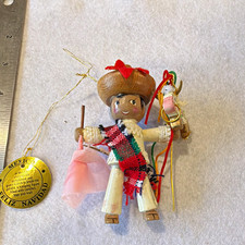 Sears Mexico "Feliz Navidad" Boy Hanging Christmas Ornament Wood/Fabric 4 in
