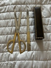 Vintage Leather Desk Set Gold Tone Metal Scissors And Letter Opener Professional