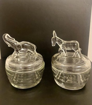 Jeannette Glass Clear Powder Jars Elephant Donkey Covered Trinket Dish Set of 2