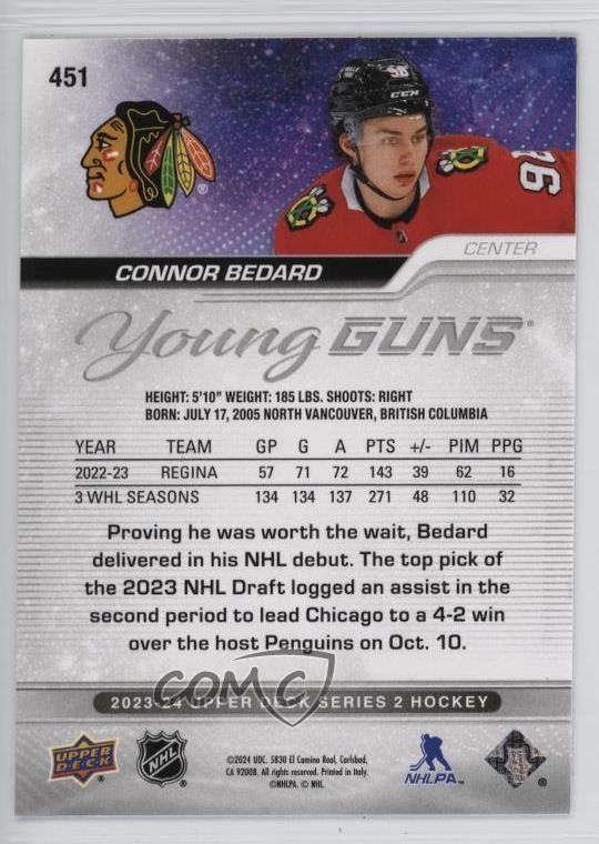 2023-24 Upper Deck Series 2 Young Guns Connor Bedard #451 Rookie RC 18kw view 2